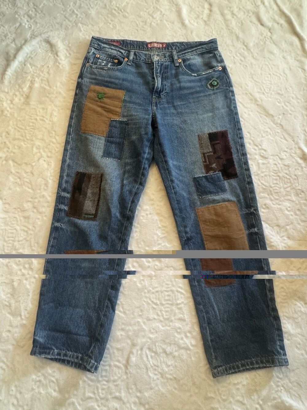 Lucky Legend Mid Rise Boyfriend High Bluff Patchwork Blue Denim Jeans Size 8/29 - Picture 2 of 13
